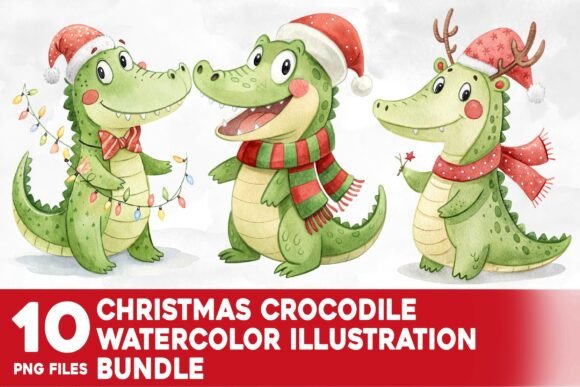 Christmas Crocodile Watercolor Bundle: Illustrations for Seasonal Branding