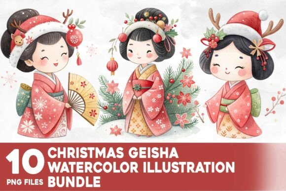 Christmas Geisha Watercolor Bundle: Elevating Editorial Illustrations
