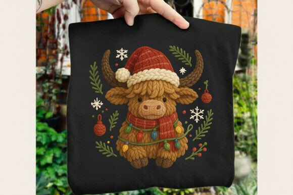 Christmas Highland Cow Yarn Crochet PNG: Illustrations for Branding