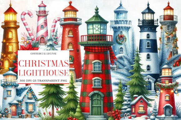 Christmas Lighthouse Clipart for Branding and Illustrations