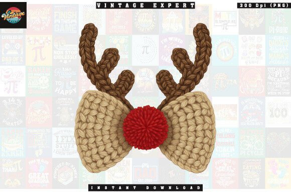 Christmas Reindeer Bow Yarn Crochet PNG for Illustrations