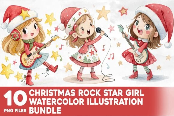 Christmas Rock Star Girl Watercolor Illustrations