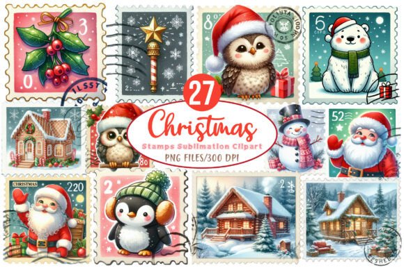 Christmas Stamps Sublimation Clipart for Illustrations