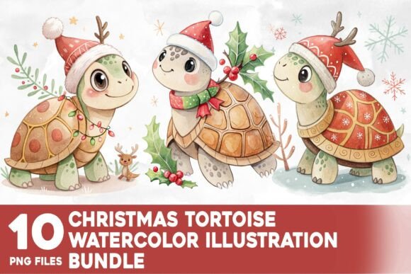 Christmas Tortoise Watercolor Bundle for Illustrations