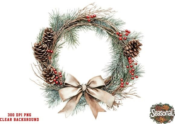 Frost Ribbon Christmas Wreath PNG Illustrations
