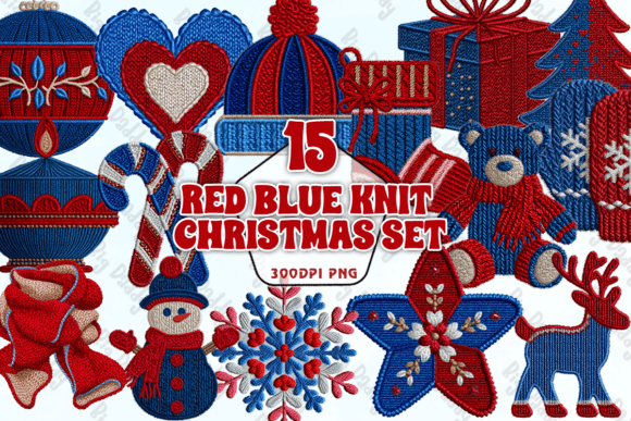 Red Blue Knit Christmas Set PNG: Illustrations for Branding