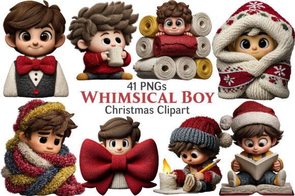 Whimsical Christmas Boy Clipart for Illustrations